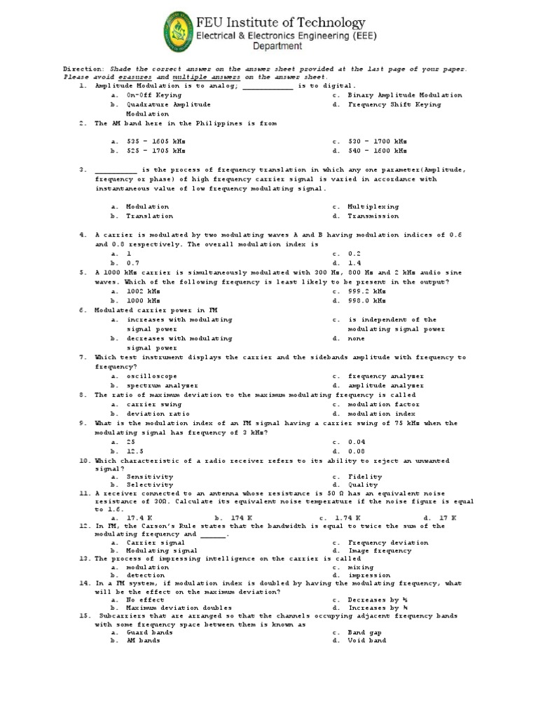 AM and FM Modulation Quiz Questions | PDF | Frequency Modulation ...