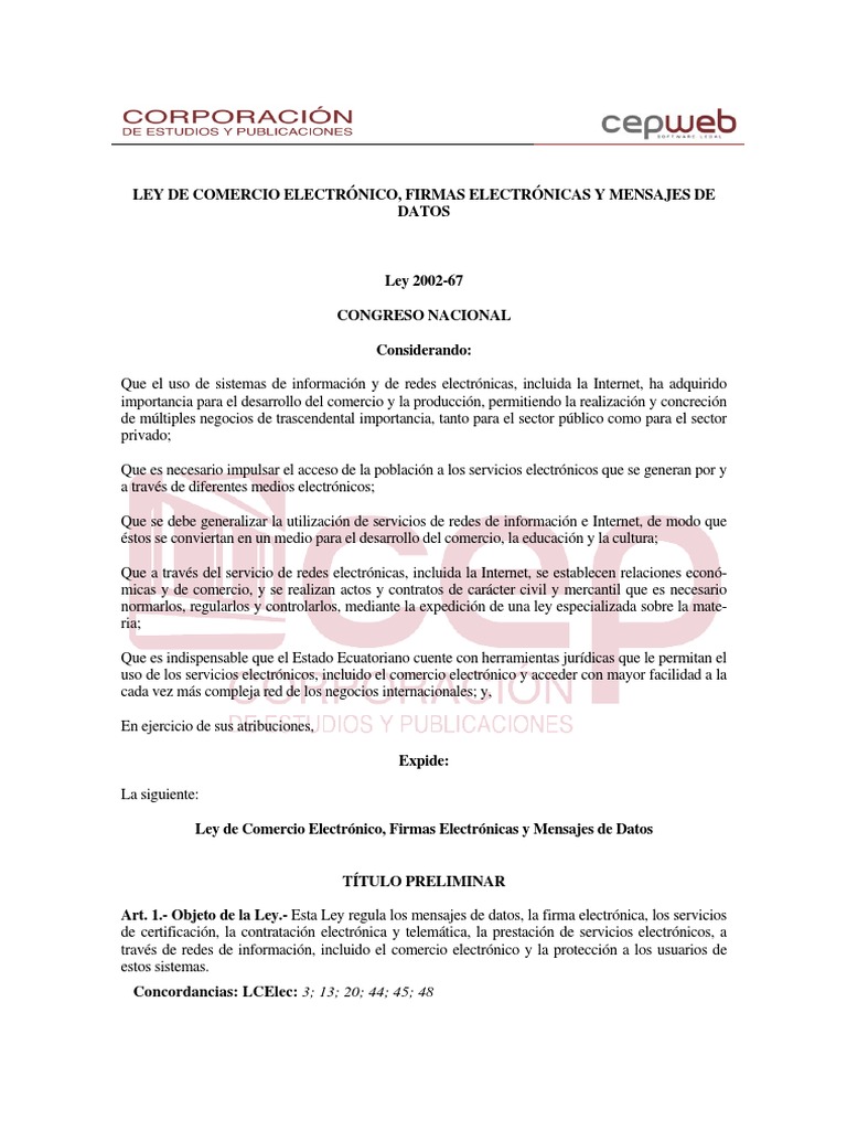 Ley De Comercio Electrónico Firmas Electrónicas Y Mensajes De Datos
