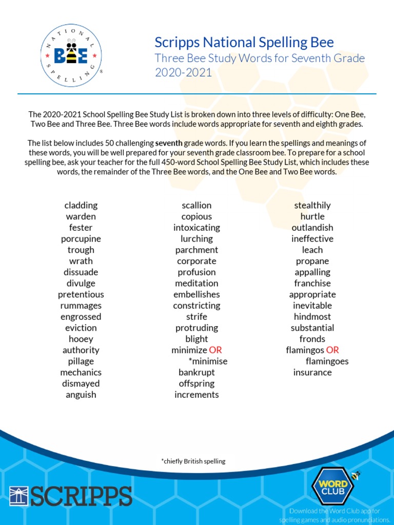 7th Grade Spelling Bee Study List PDF