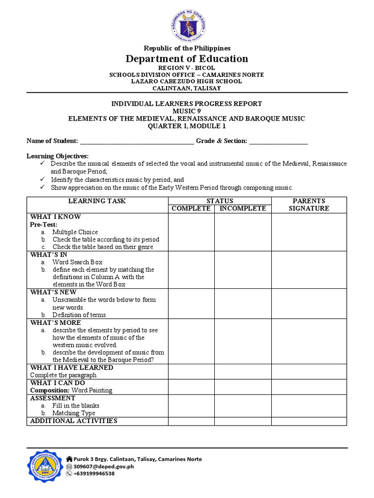 Grade 9-Q1-Music-Learners Progress Report | Download Free PDF ...