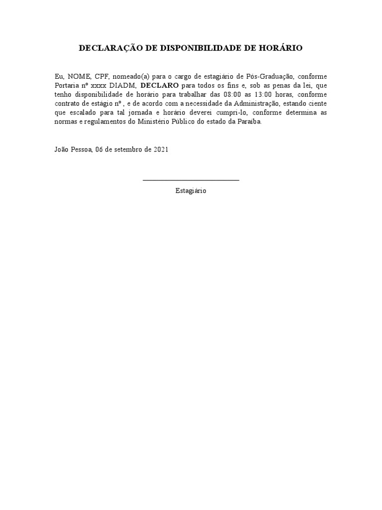 Declaração de Disponibilidade de Horário | PDF