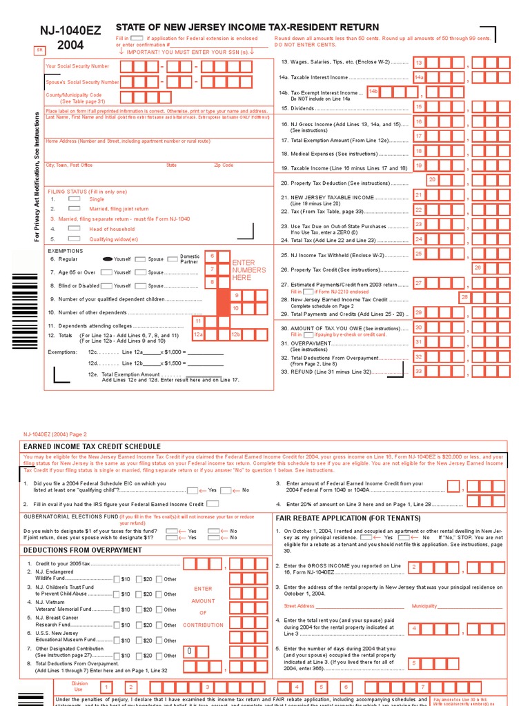 NJ1040EZ 2004 State of New Jersey TaxResident Return PDF