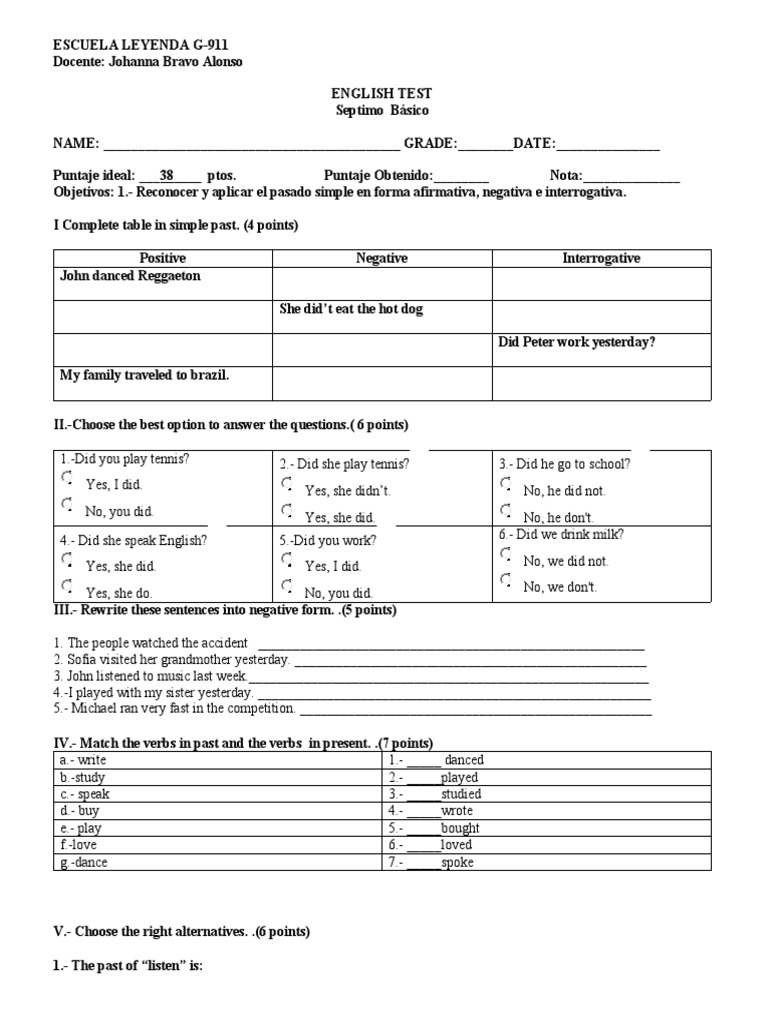 English Test: Simple Past Practice | PDF | Syntax | Linguistics