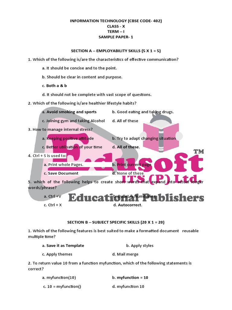 Class X 402, Sample Paper 1 PDF Databases Spreadsheet