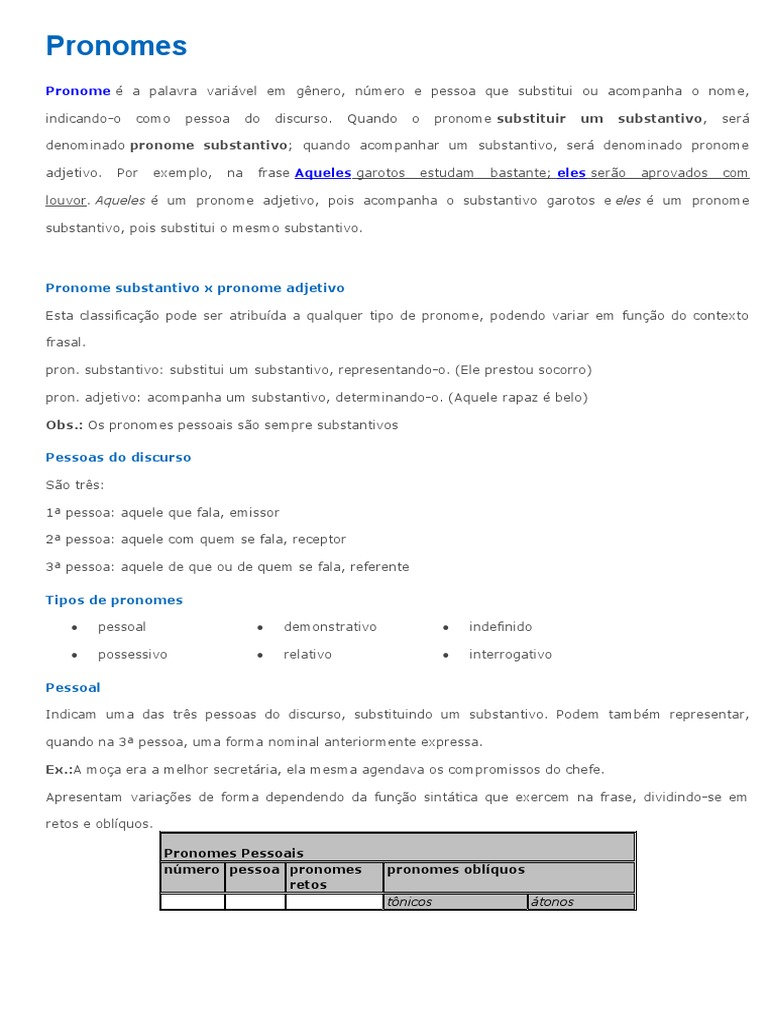 Pronomes | PDF | Pronome | Assunto (gramática)