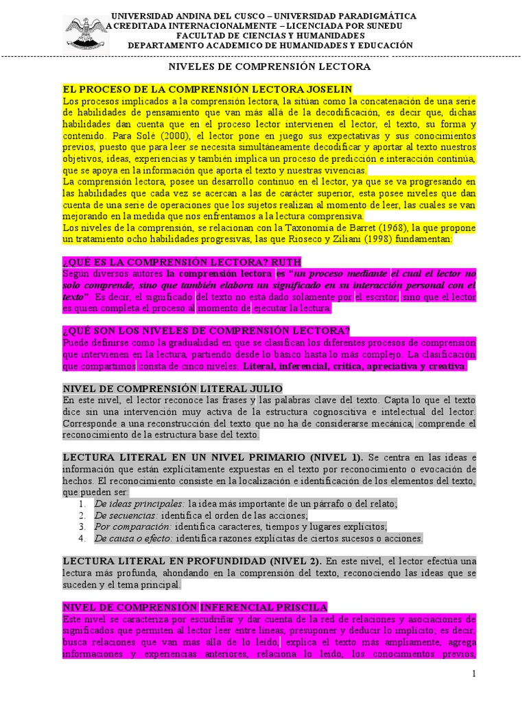 Expo 2. Niveles de Comprensión Lectora | PDF | Comprensión lectora ...