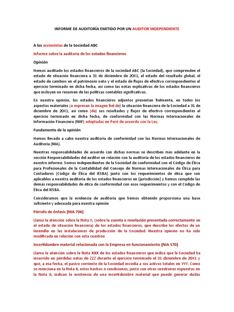 Modelo Informe de Auditoria Emitido Por Un Auditor Independiente | PDF ...