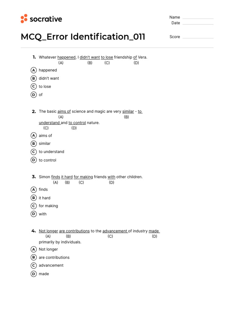 Quiz MCQ Error Identification 011 PDF Science And Technology