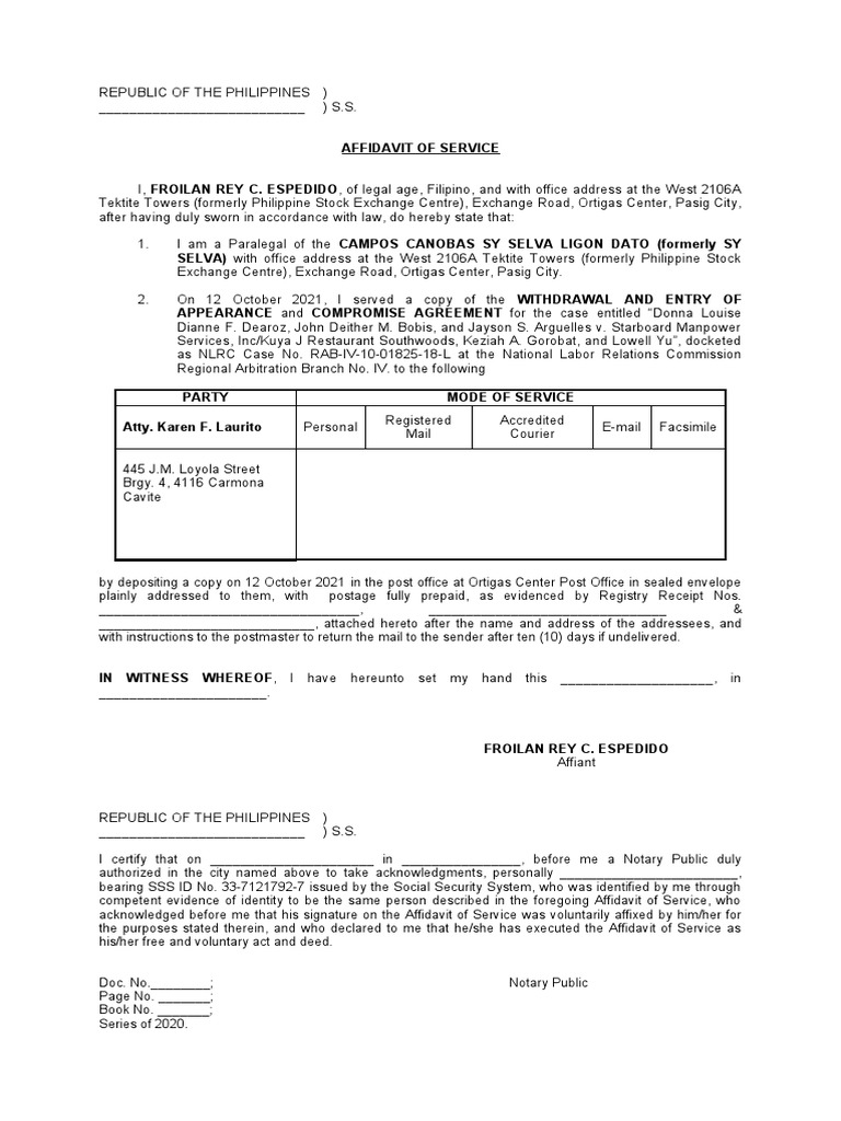 Affidavit of Sevice Template | PDF | Affidavit | Mail