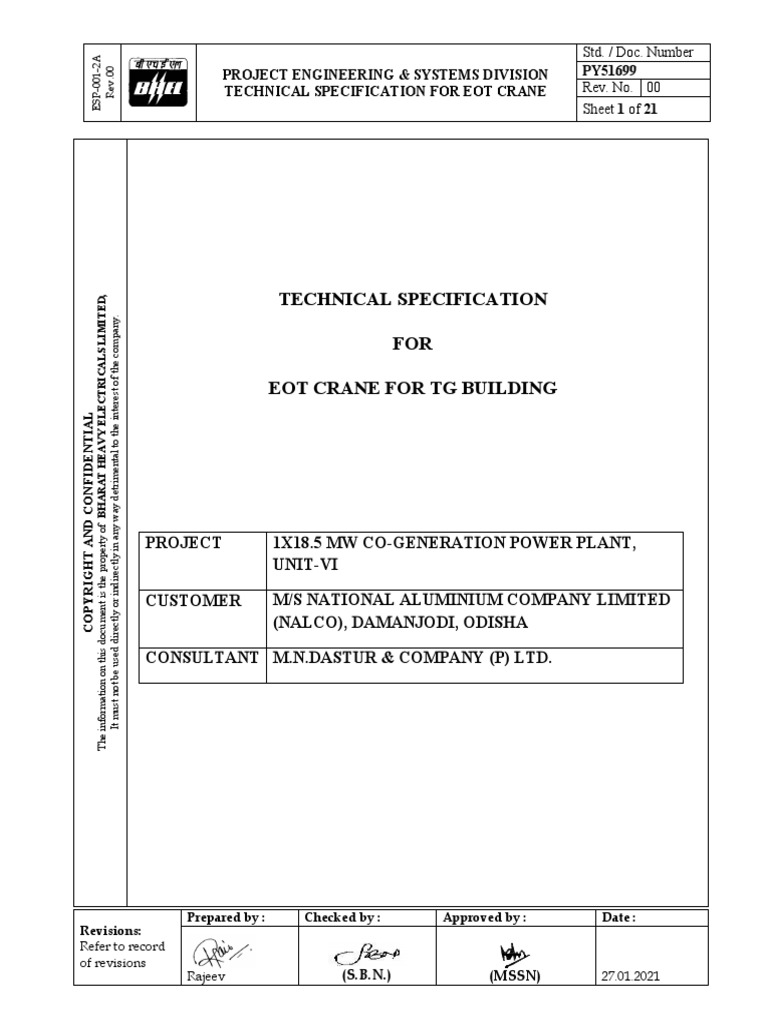 Technical Specification For 35-5T EOT Crane Nalco 27012021-2021-02-09 ...