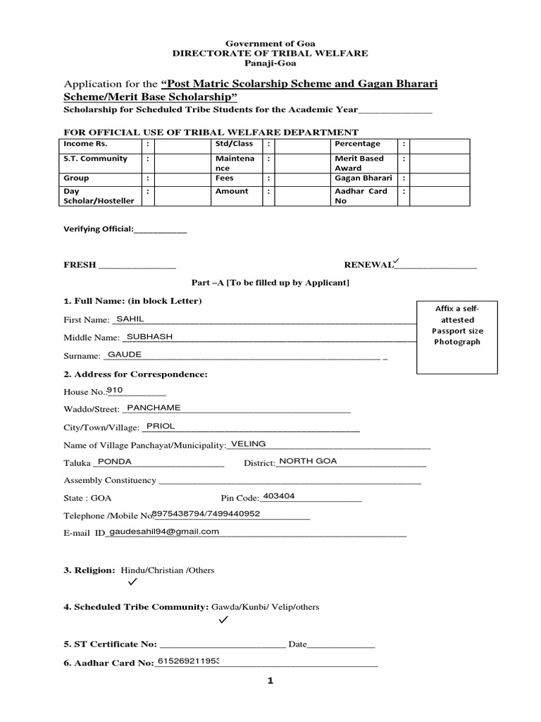 Post Matric Scholarship Application Form | PDF | Fee | Receipt