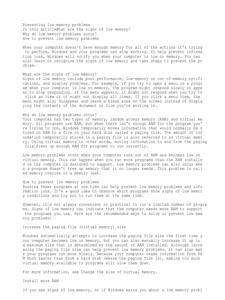 Preventing Low Memory Problems | PDF | Random Access Memory | Computer ...