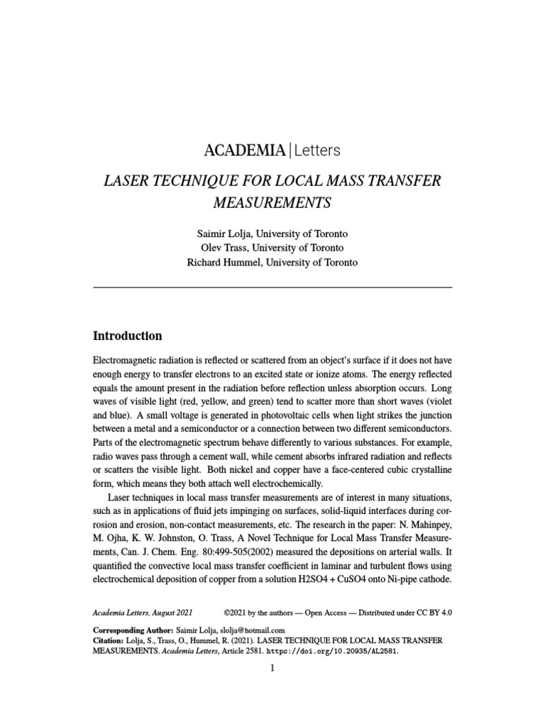 Laser Technique For Local Mass Transfer PDF