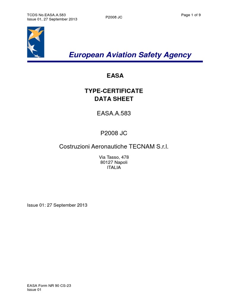 EASA TCDS for P2008 JC Aircraft | PDF | Aerospace Engineering | Aeronautics
