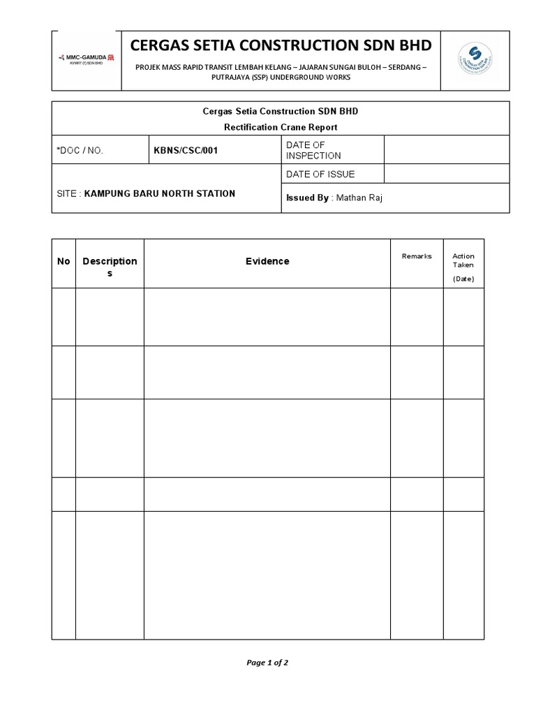 Cergas setia construction sdn bhd doc no date of inspection date of