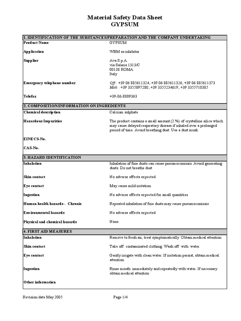 Material Safety Data Sheet Gypsum PDF Chemistry Safety