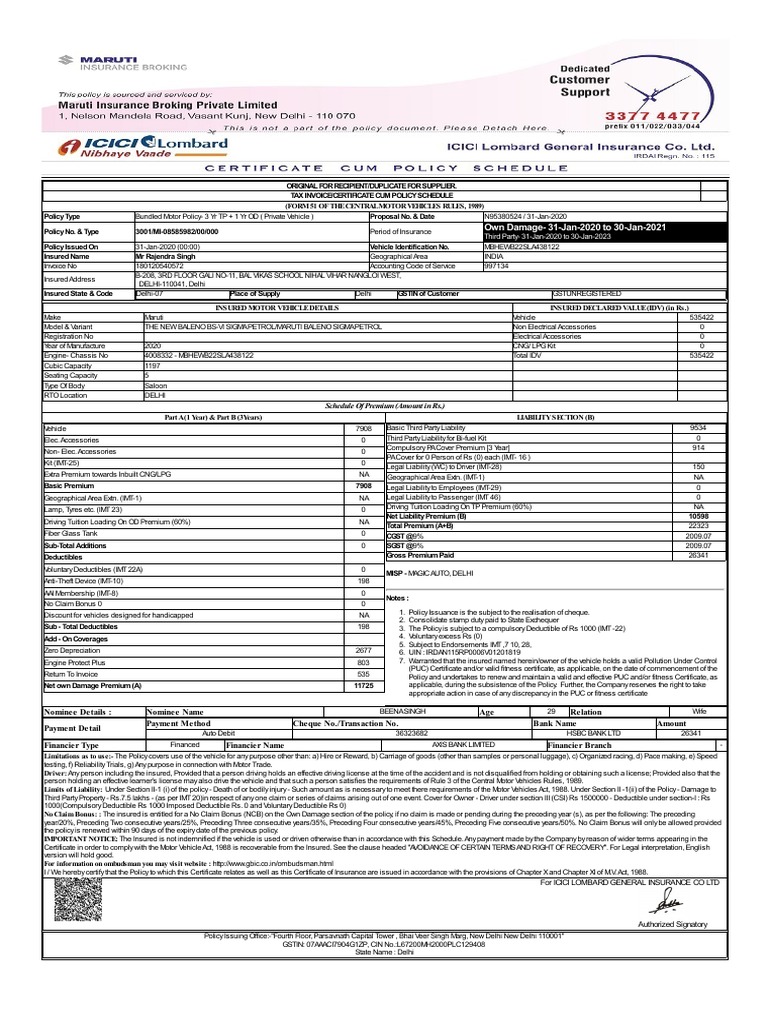 Car Insurance Policy Icici Lombard | PDF | Transport | Motor Vehicle