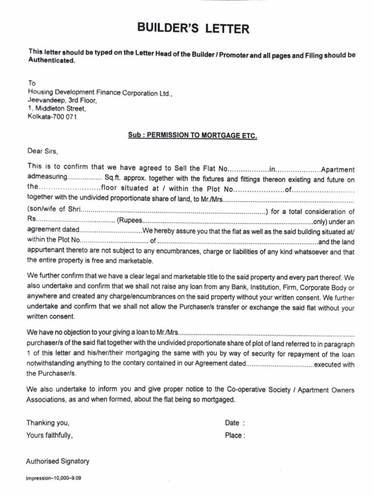 Bulder Noc For Hdfc Pdf Loans Mortgage Loan