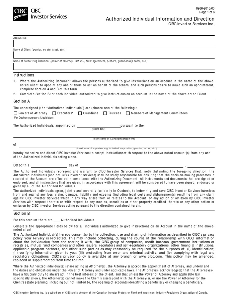 Authorized Individual Information and Direction: CIBC Investor Services ...