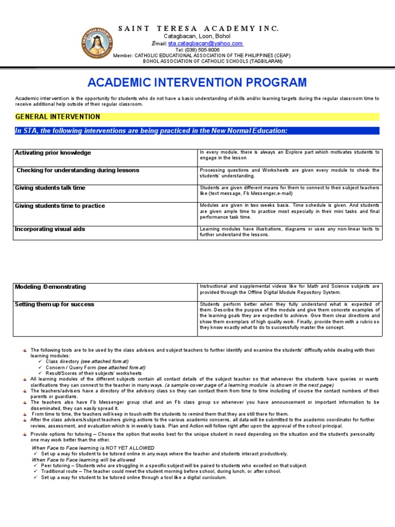 Academic Intervention Strategies Overview | PDF | Teachers | Learning