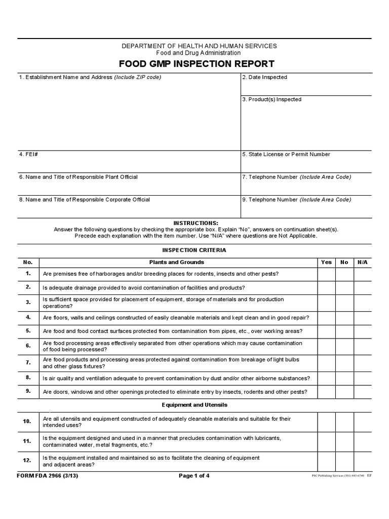 FDA Food GMP Inspection Checklist | PDF | Water Pollution | Foods