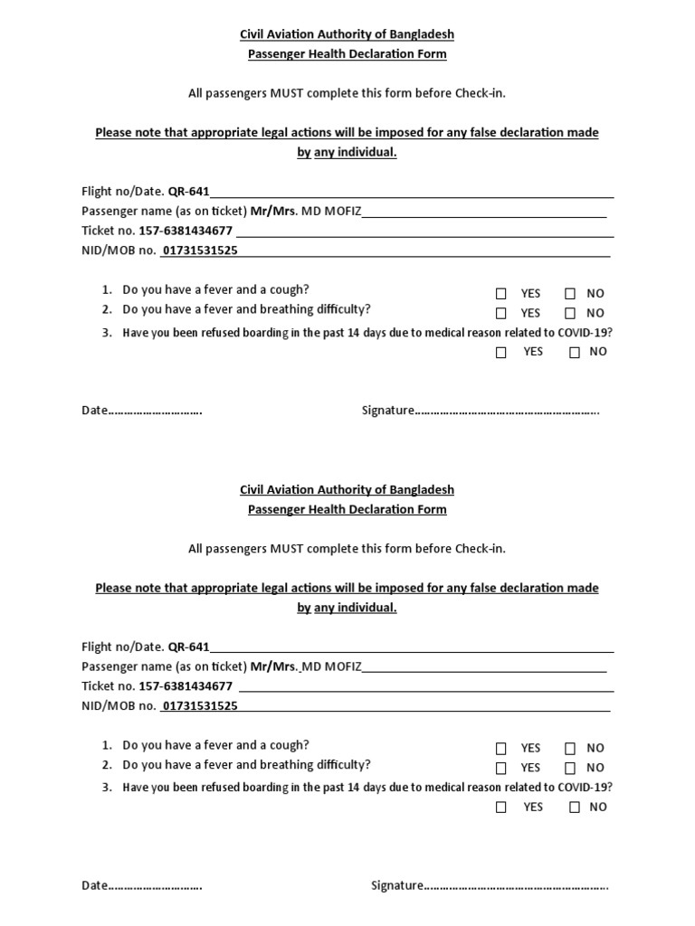 Bangladesh Passenger Health Form | PDF