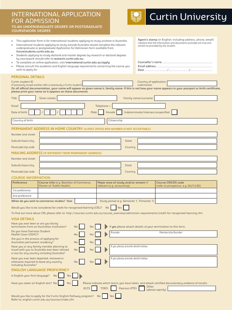 Curtin Application Form PDF Internship Job Hunting