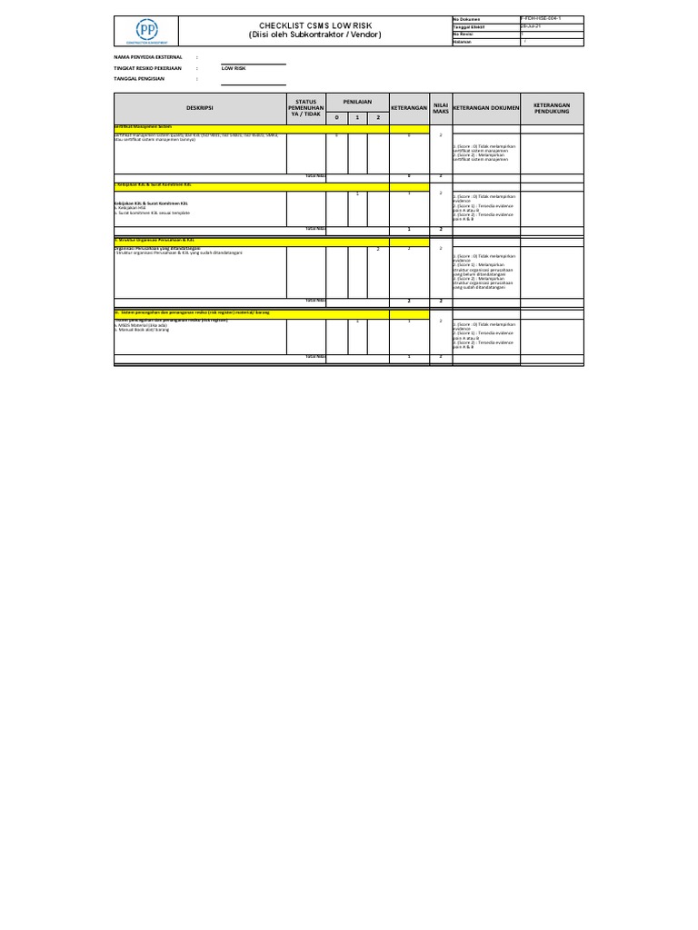 Checklist CSMS untuk Low Risk | PDF