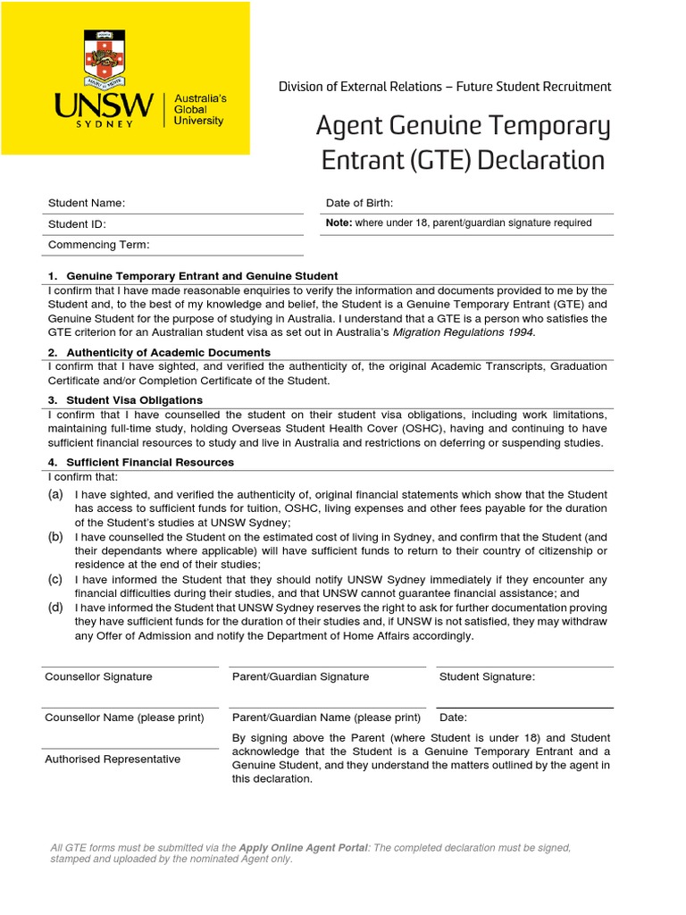 GTE Declaration Form for UNSW Students | PDF | Travel Visa | Authentication