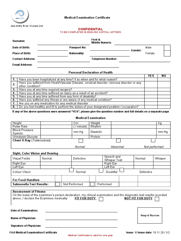 Medical Examination Certificate Confidential PDF Physical