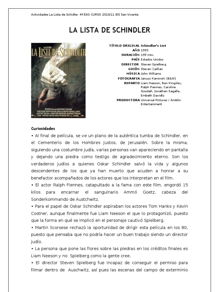 Récompenses Remportées Par La Liste De Schindler La Lista de Schindler | Ocio