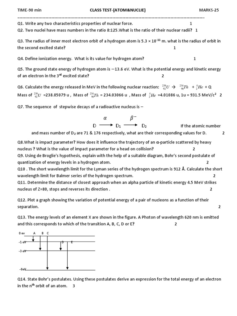 Class Test on Atomic and Nuclear Physics | PDF | Atoms | Atomic Nucleus