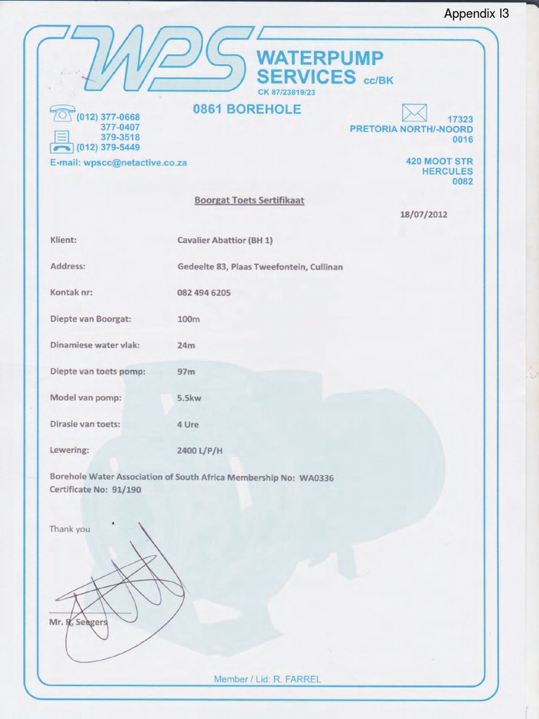 Appendix I3 Borehole Pump Test Certificates PDF