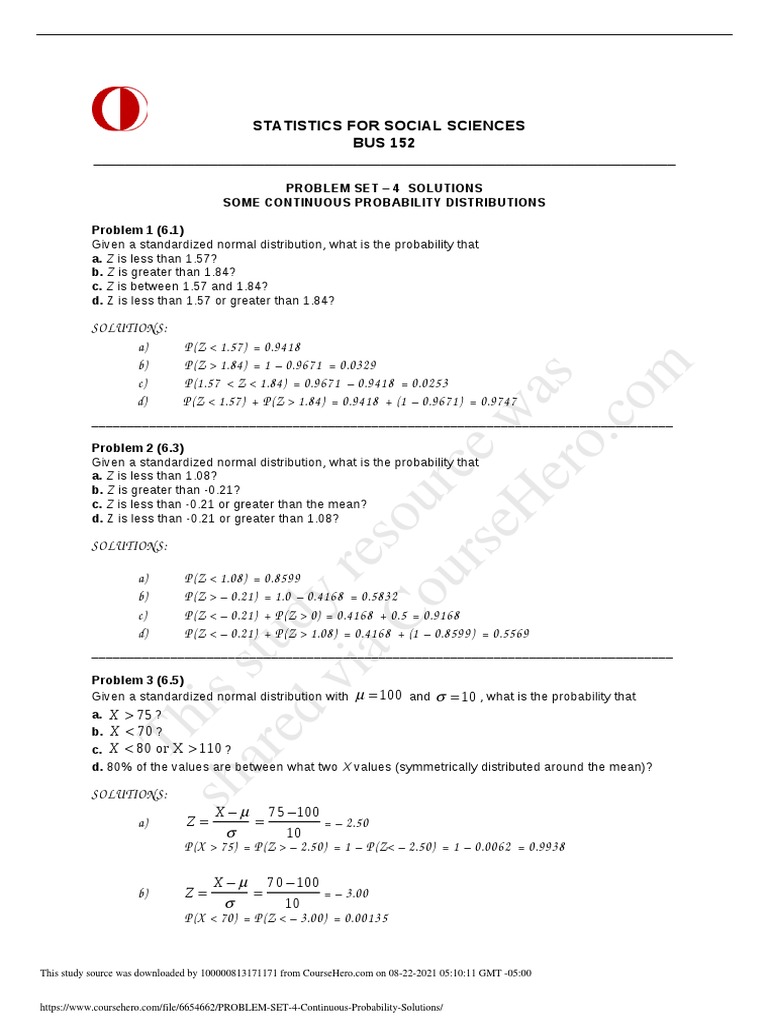 PROBLEM SET 4 Continuous Probability Solutions | PDF | Normal ...