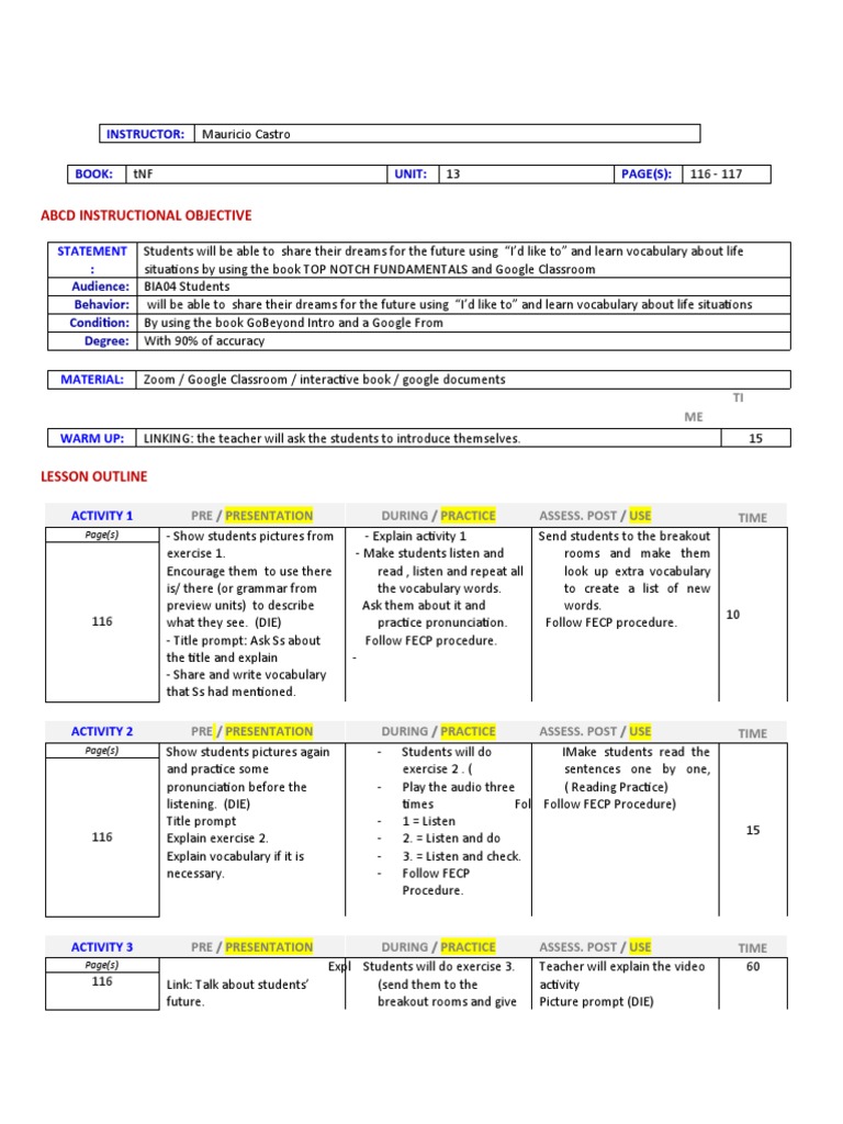 Lesson Plan Mauricio Castro BIA04 | PDF | Cognitive Science | Learning
