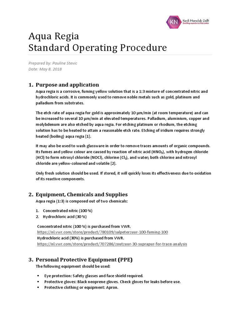 Aqua Regia SOP PDF Nitric Acid Chlorine