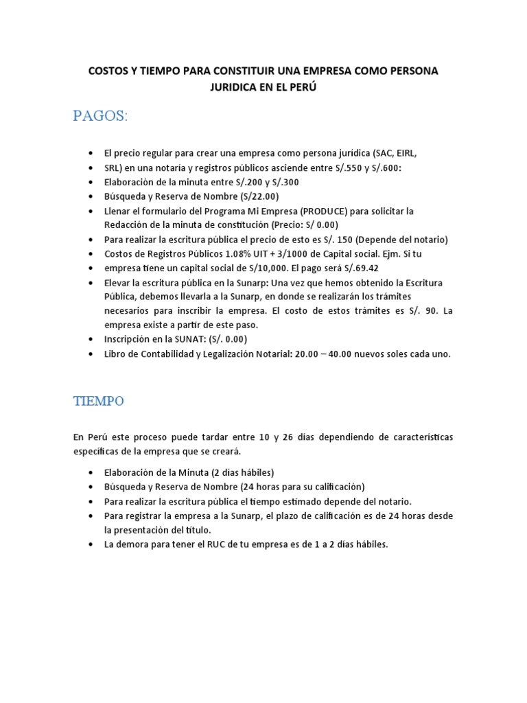 Costos y tiempo para crear una empresa en Perú | PDF | Negocios