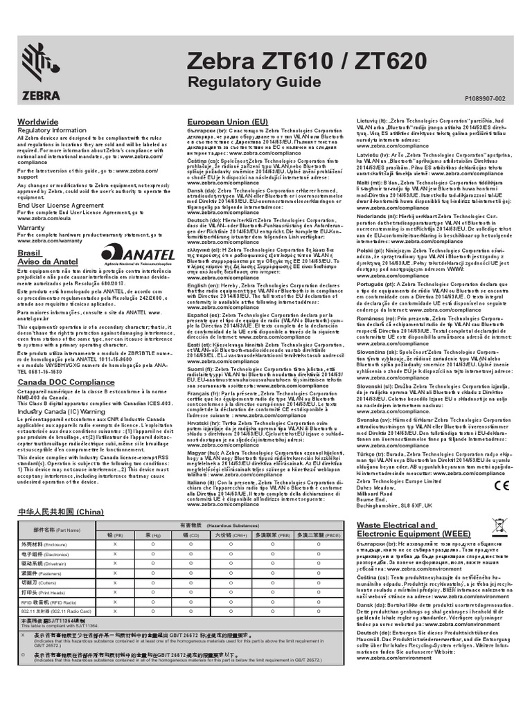 Zebra ZT610 / ZT620 Regulatory Guide PDF Ieee 802.11 Radio