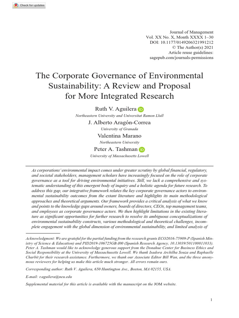 The Corporate Governance of Environmental Sustainability: A Review and ...