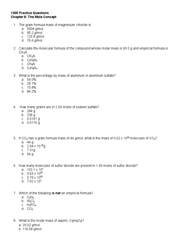 Mole Concept Practice Questions | PDF | Mole (Unit) | Molecules