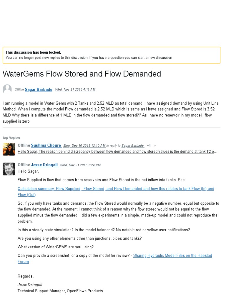 WaterGems Flow Stored and Flow Demanded OpenFlows Hydraulics and Hydrology Forum OpenFlows