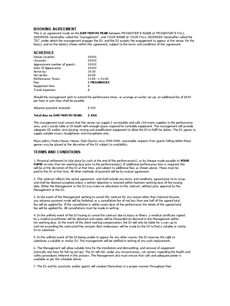 Booking Agreement Sample Disc Jockey Government Information