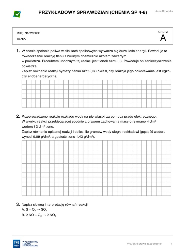 Sprawdzian Z Chemii Klasa 1 Gimnazjum świat Substancji