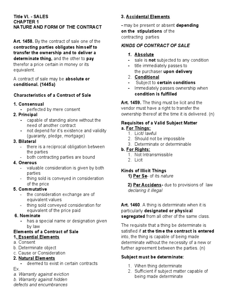 Analysis of Key Concepts and Elements of a Contract of Sale Based on