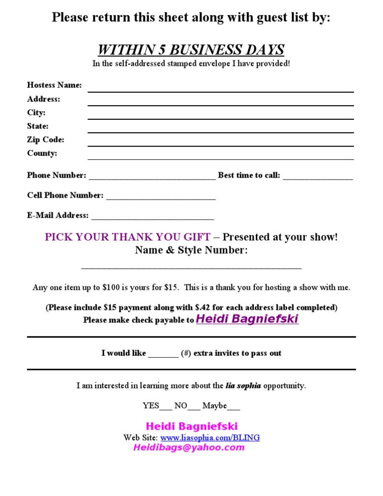 5 Business Day Sheet For Hostess | PDF