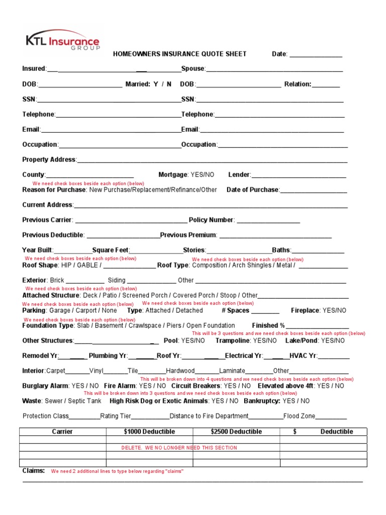 Homeowners Insurance Quote Form | PDF | Deductible | Insurance