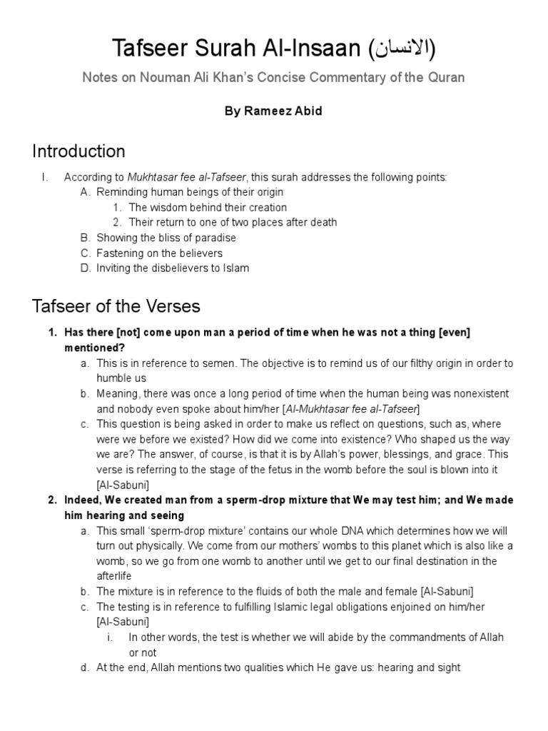 Tafseer of Surah Al-Insaan Explained | PDF | Patience | Religious ...