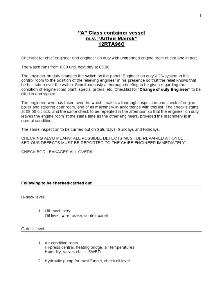 Engine Room Inspection Checklist | PDF | Boiler | Pump