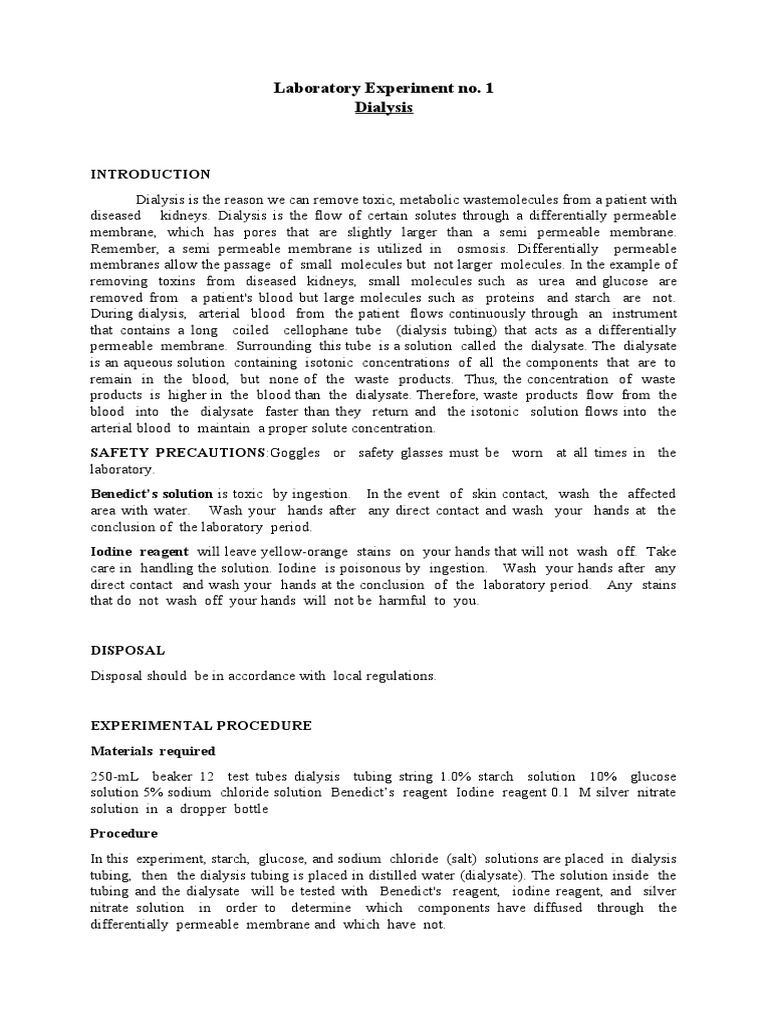 Dialysis Experiment Lab Report | PDF | Dialysis | Hemodialysis