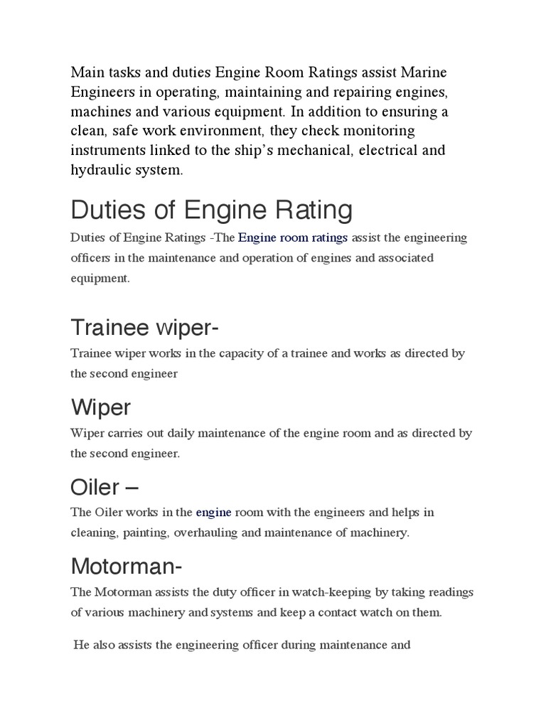 Duties of Engine Rating Trainee Wiper PDF Shipping Transport